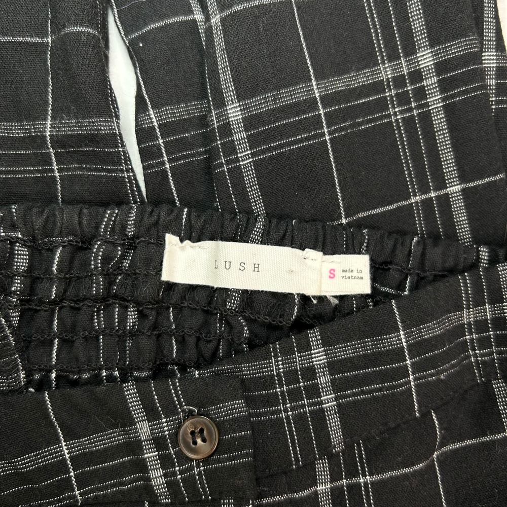Lush Black Plaid Button Front Jumpsuit Small Strappy Cutout Back One Piece - Picture 5 of 6